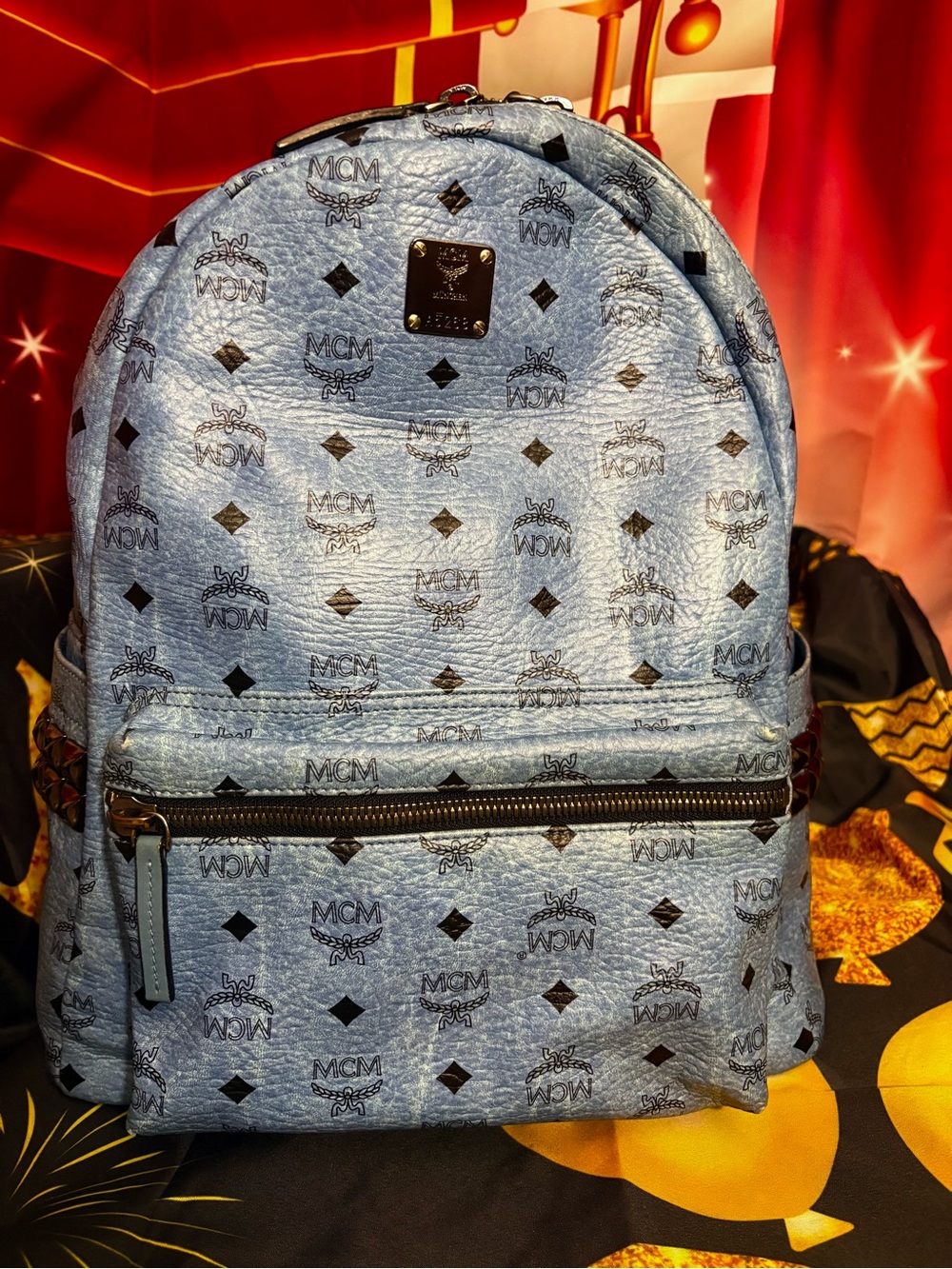 MCM Men’s Light Blue Monogram Backpack